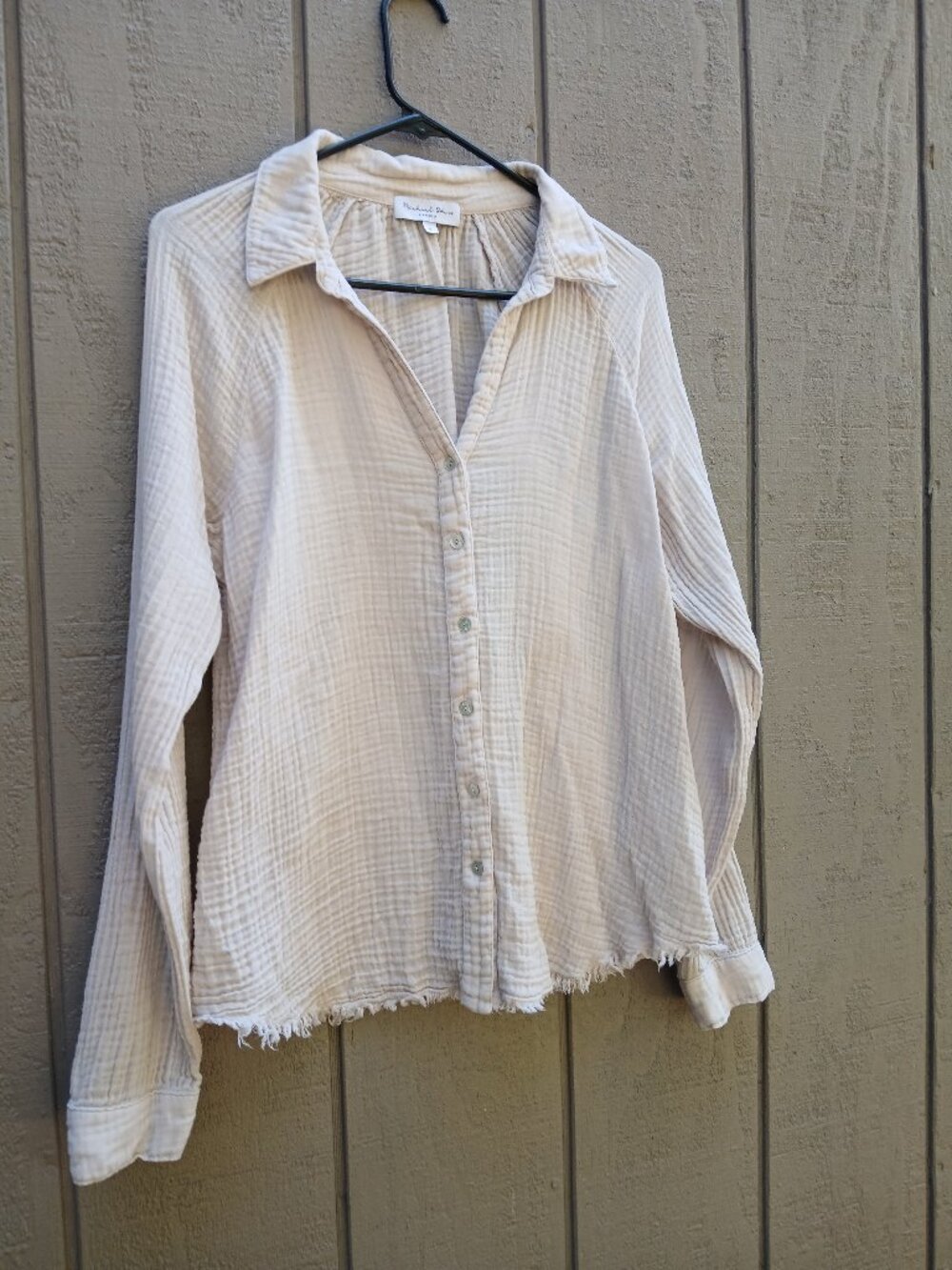 Michael Stars Toni Small Double Gauze Button Down Top Beige Raw Hem V Neck USA
